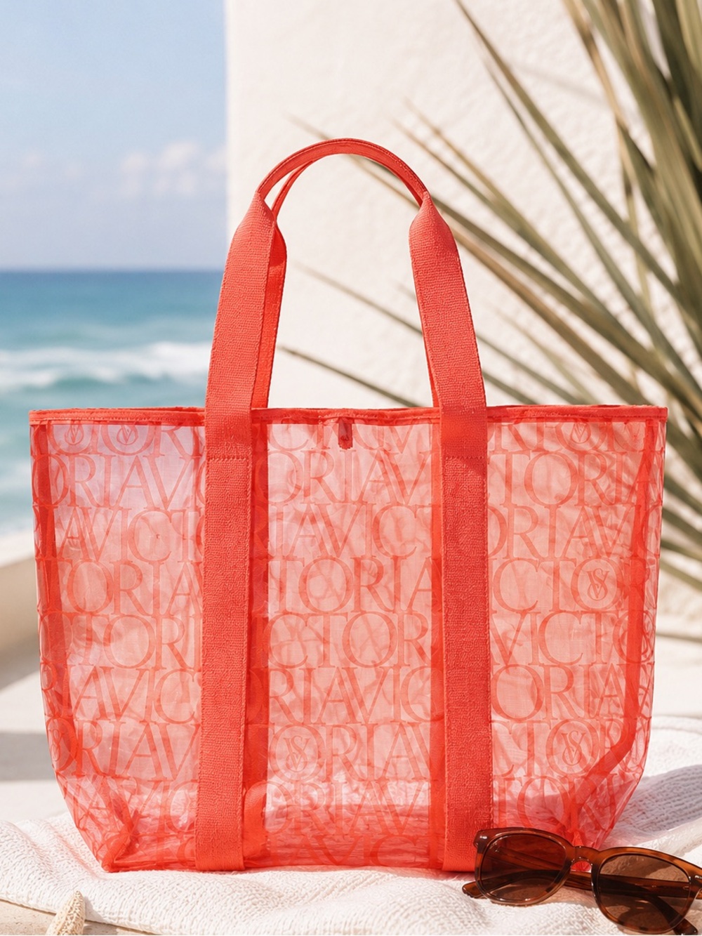 Victoria's Secret Coral Logo Mesh Tote